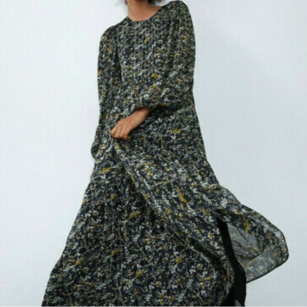 Zara Floral Long-Sleeve Maxi Dress in Black w Yellow Floral